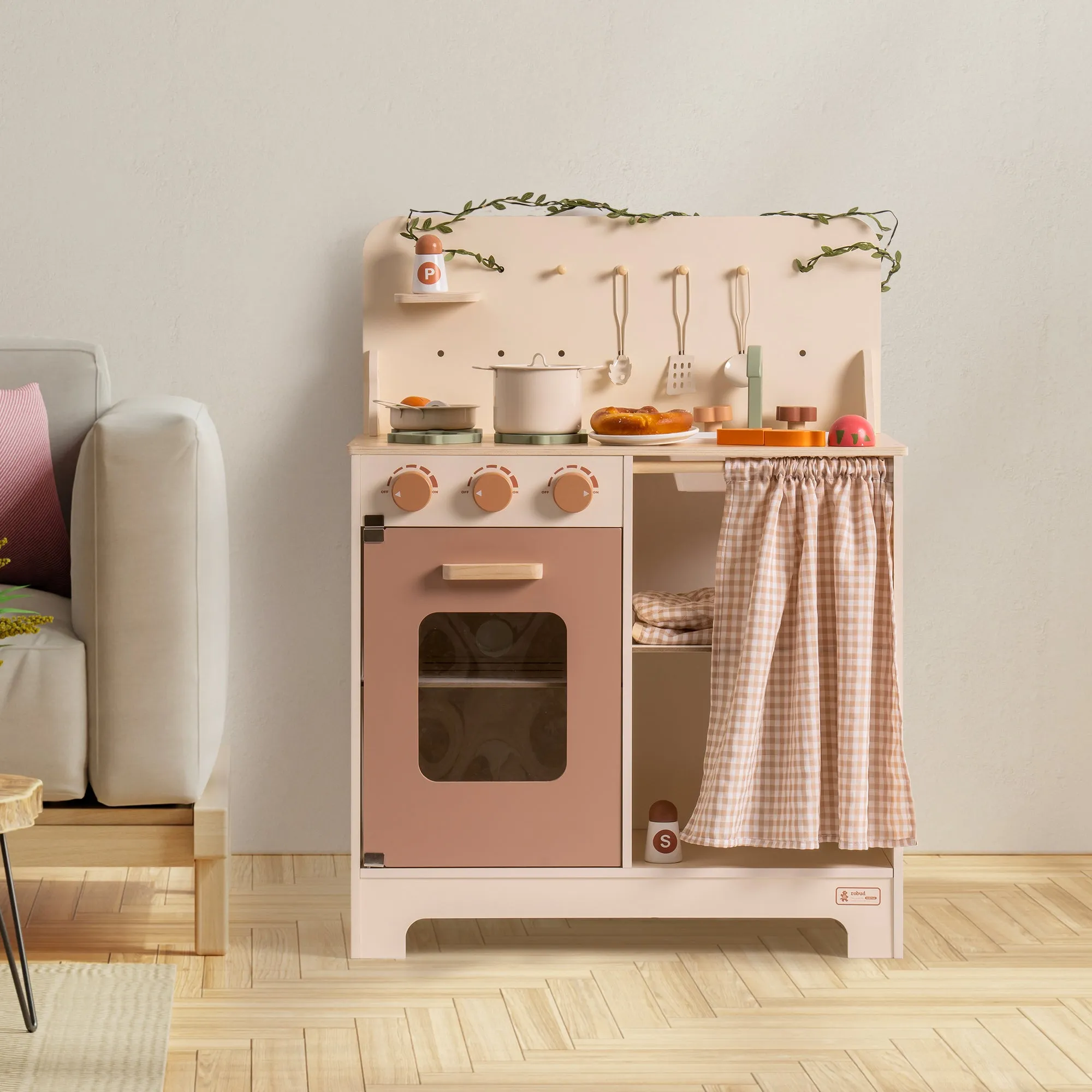 11 in 1 Wooden Play Kitchen Set Cream Color Kitchen with Curtain
