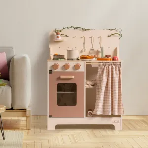 11 in 1 Wooden Play Kitchen Set Cream Color Kitchen with Curtain