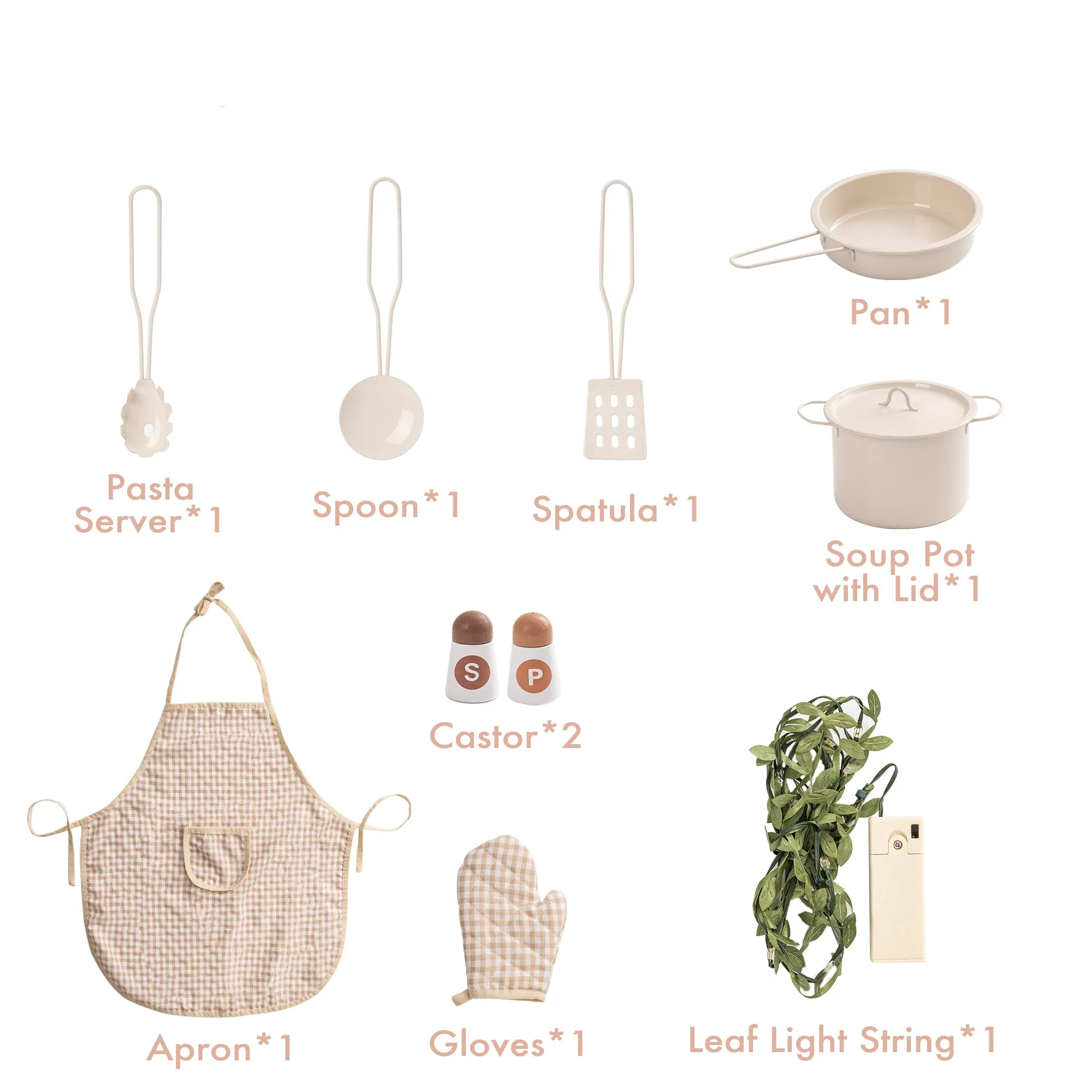 11 in 1 Wooden Play Kitchen Set Cream Color Kitchen with Curtain