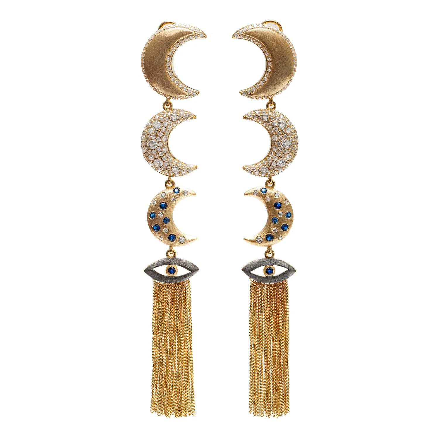 AMMANII Linear Guardian Pavé Moon Earrings with Evil Eye Tassels in Vermeil Gold