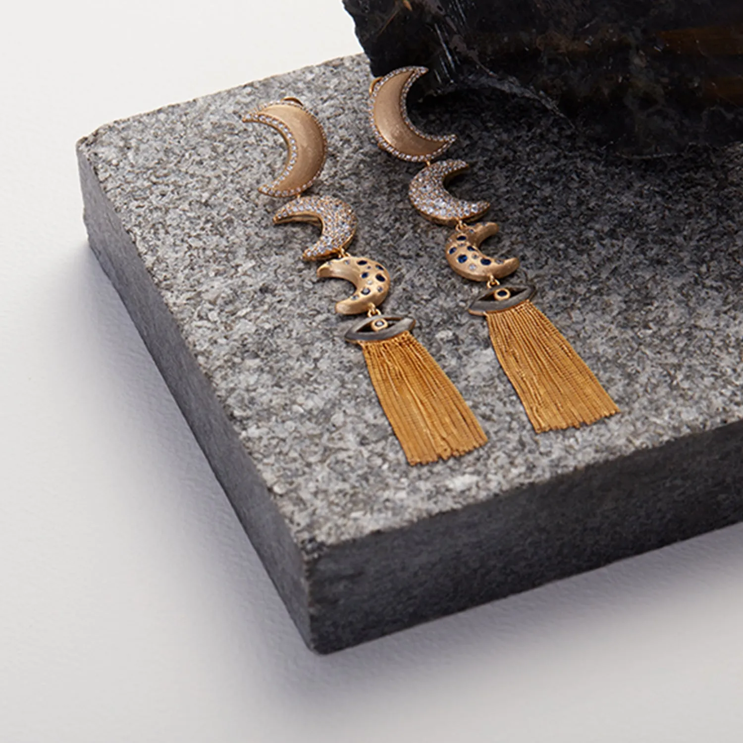 AMMANII Linear Guardian Pavé Moon Earrings with Evil Eye Tassels in Vermeil Gold