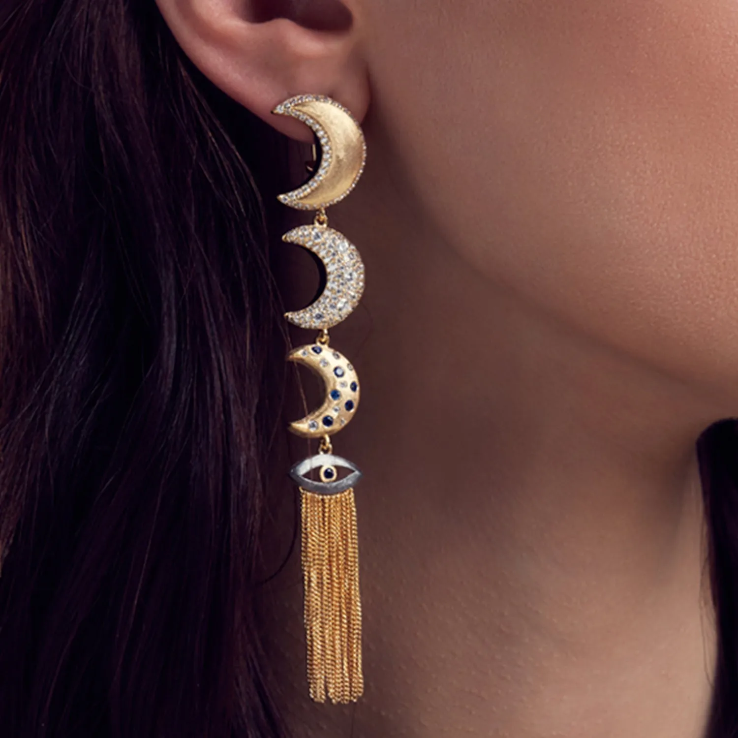 AMMANII Linear Guardian Pavé Moon Earrings with Evil Eye Tassels in Vermeil Gold