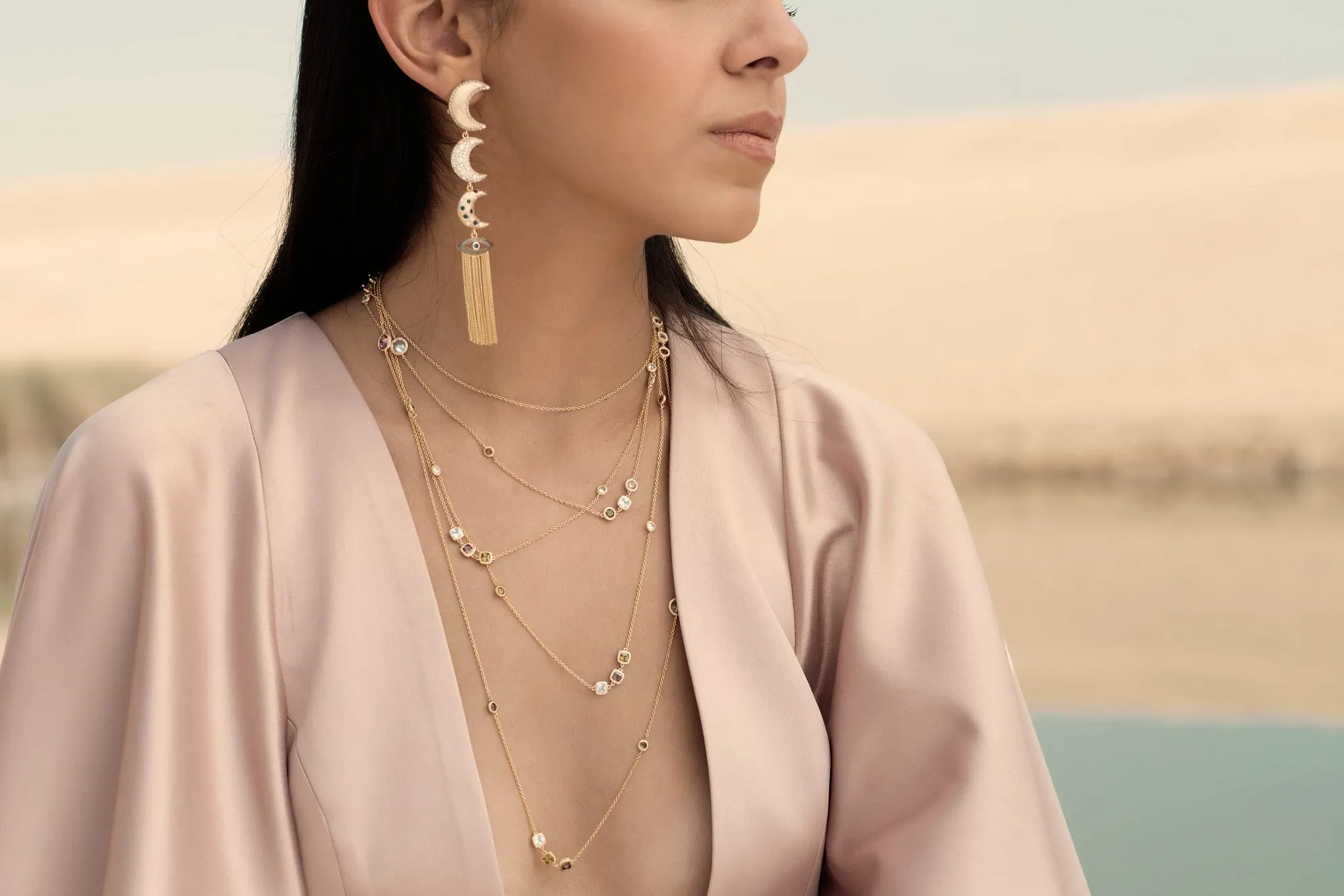 AMMANII Linear Guardian Pavé Moon Earrings with Evil Eye Tassels in Vermeil Gold