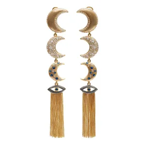 AMMANII Linear Guardian Pavé Moon Earrings with Evil Eye Tassels in Vermeil Gold