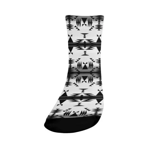 Between the Mountains White and Black Crew Socks
