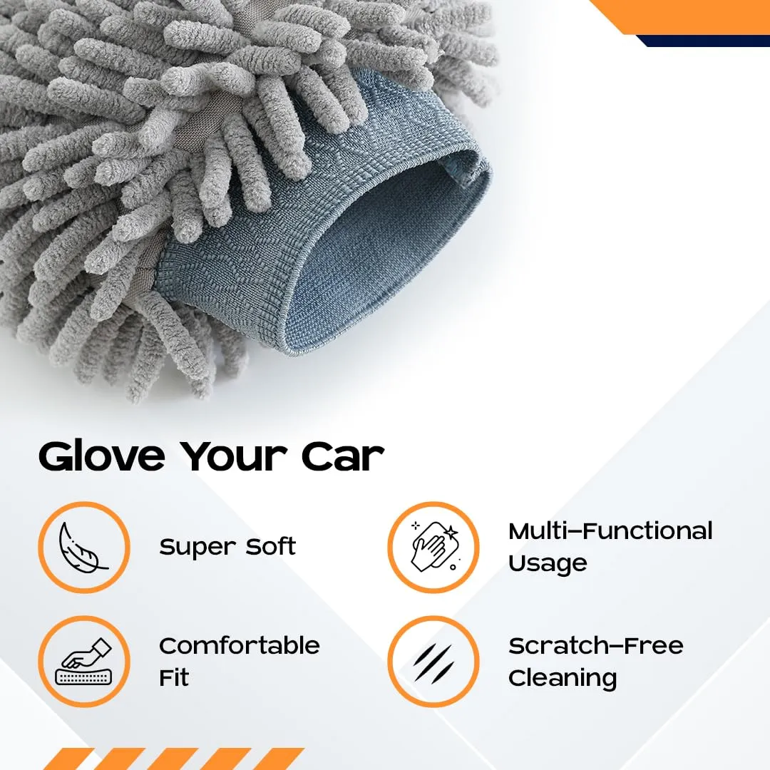 CARBINIC Microfiber Double-Sided Chenille Wash Mitt 1000 GSM - Super Soft, Ultra-Absorbent, Multipurpose and Double Sided Dusting Gloves for Car Cleaning | Home Cleaning, Windows and Kitchen (Grey)