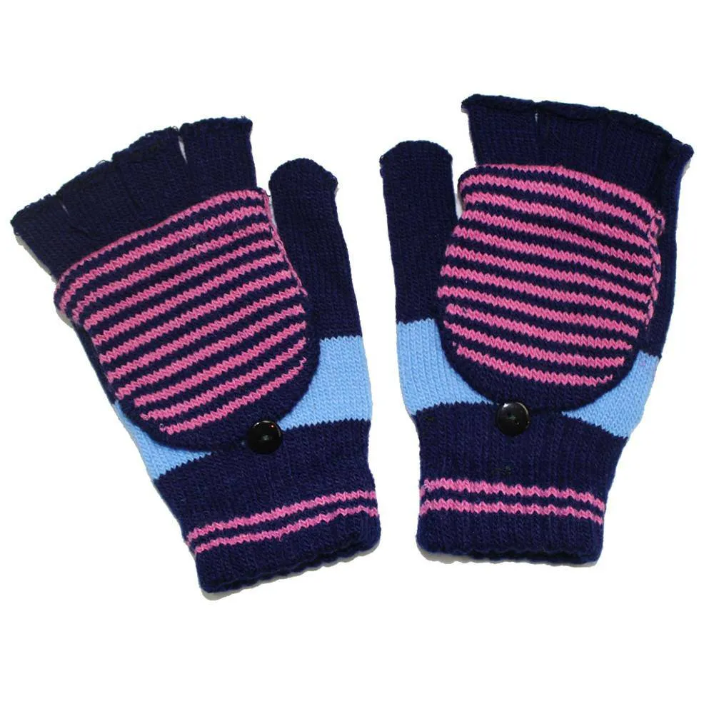 Flip Top Striped Mitten-Navy