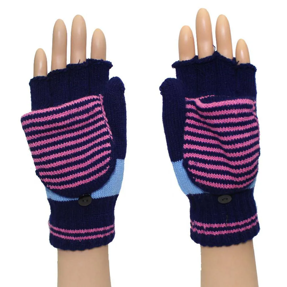 Flip Top Striped Mitten-Navy