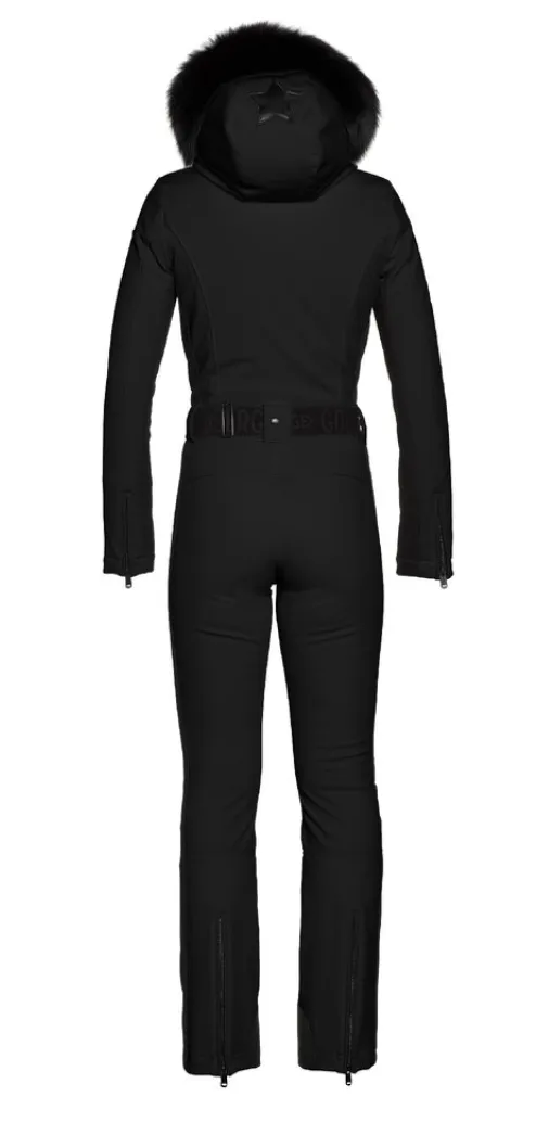 Goldbergh Parry One Piece Longer Length Ski Suit in Black with Fur Hood