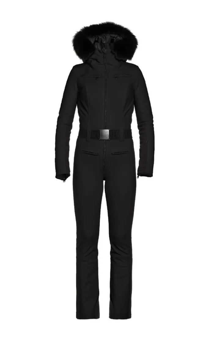 Goldbergh Parry One Piece Longer Length Ski Suit in Black with Fur Hood