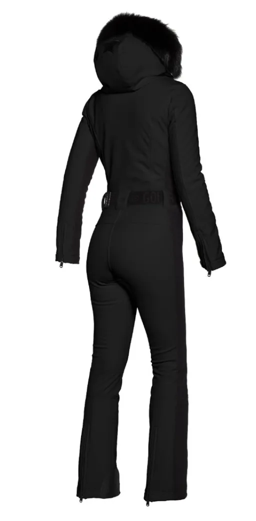 Goldbergh Parry One Piece Longer Length Ski Suit in Black with Fur Hood