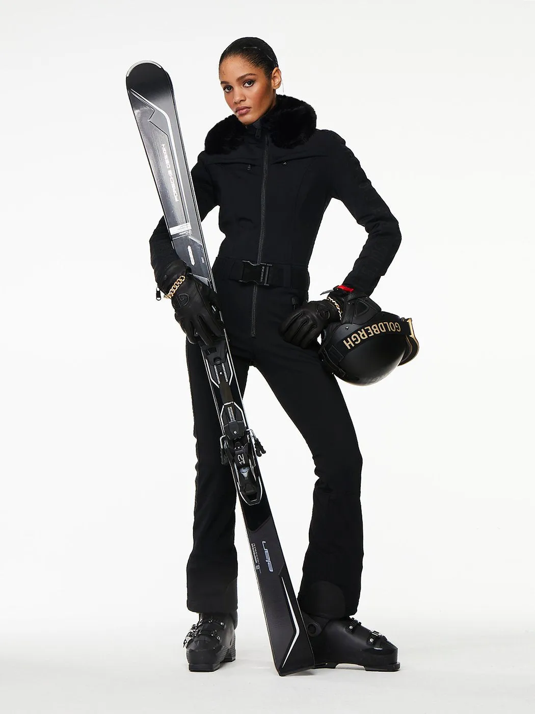 Goldbergh Parry One Piece Longer Length Ski Suit in Black with Fur Hood