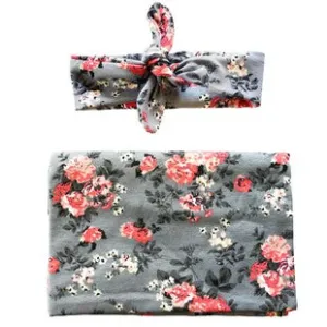 Grey Floral Swaddle and Headband Set