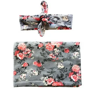 Grey Floral Swaddle and Headband Set