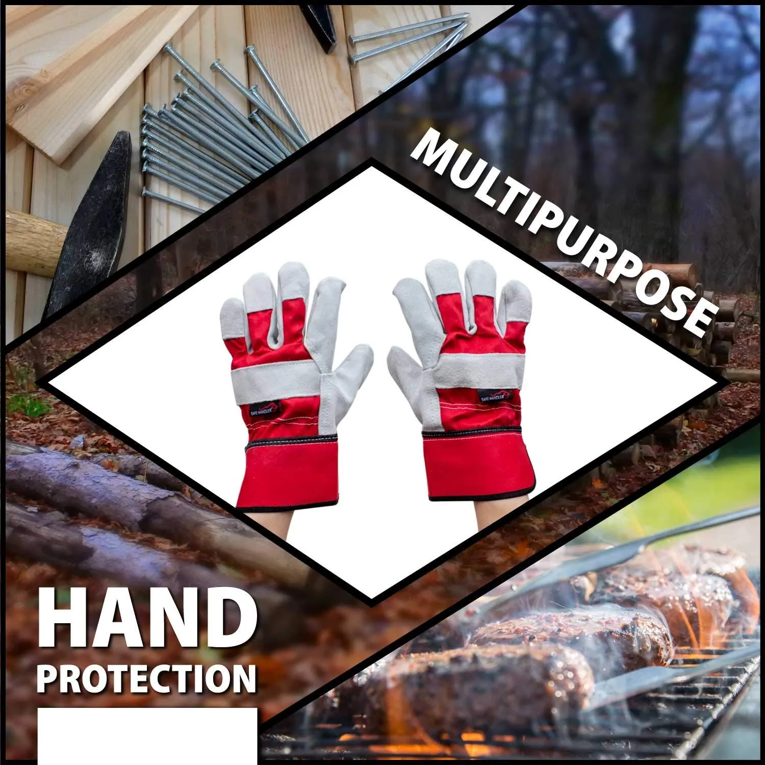 Grey/Red Deluxe Single Palm Split Leather Work Gloves - Bison Life