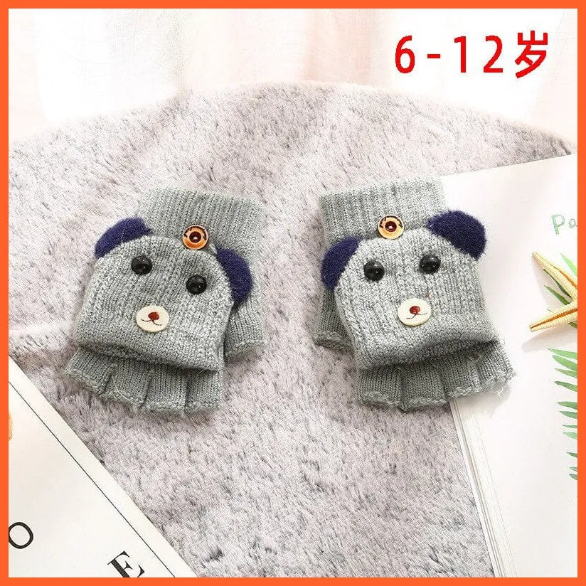 Kids Winter Cute Cartoon Baby Flip Gloves | Full Finger Knit Wool Warm Mittens