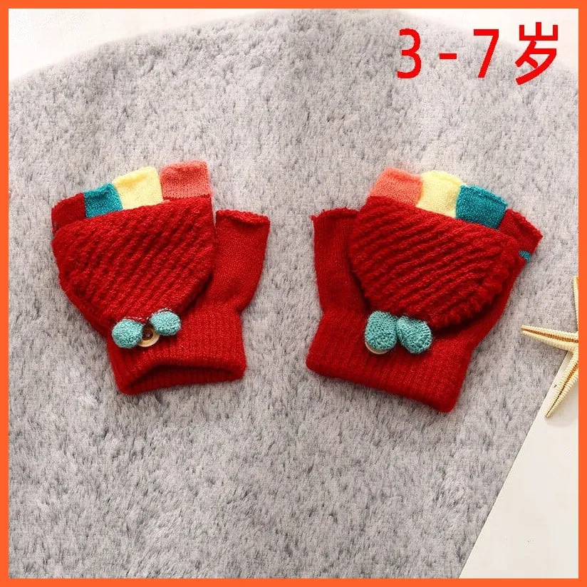 Kids Winter Cute Cartoon Baby Flip Gloves | Full Finger Knit Wool Warm Mittens