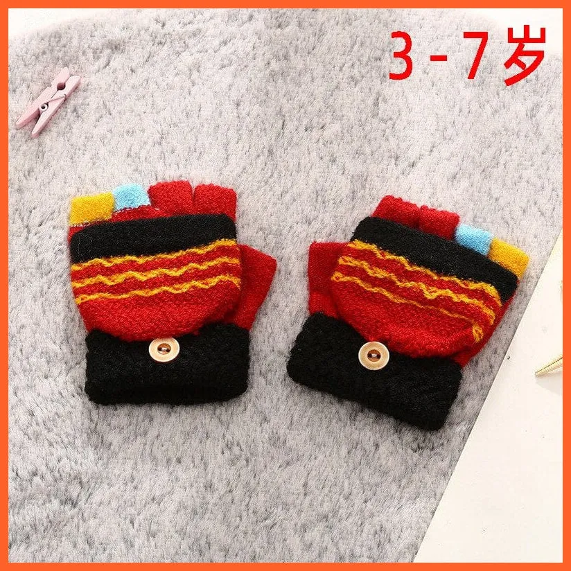 Kids Winter Cute Cartoon Baby Flip Gloves | Full Finger Knit Wool Warm Mittens