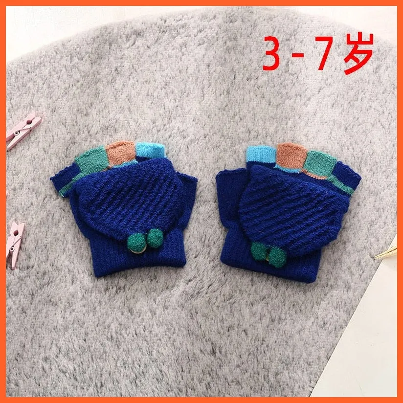 Kids Winter Cute Cartoon Baby Flip Gloves | Full Finger Knit Wool Warm Mittens