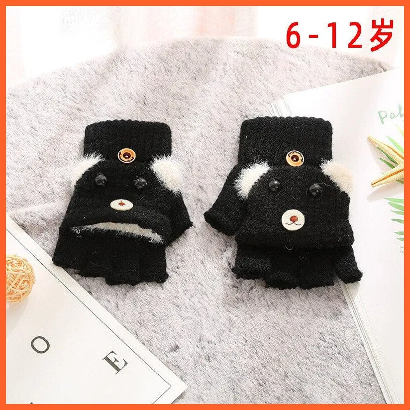 Kids Winter Cute Cartoon Baby Flip Gloves | Full Finger Knit Wool Warm Mittens