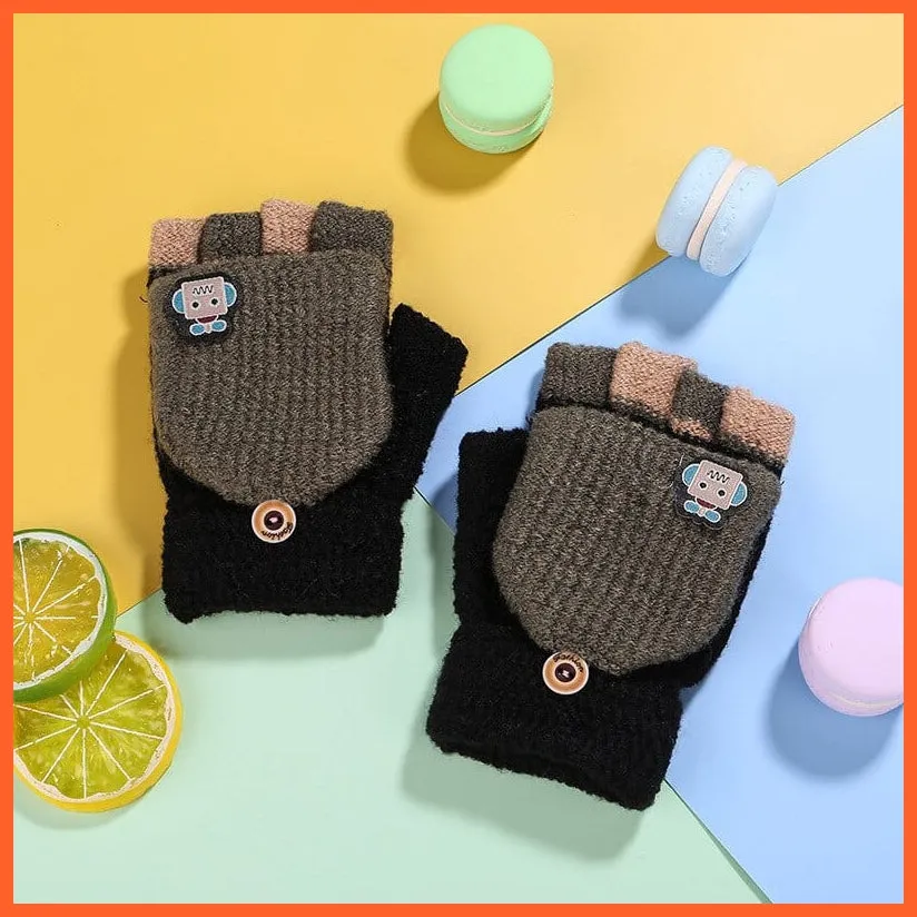 Kids Winter Cute Cartoon Baby Flip Gloves | Full Finger Knit Wool Warm Mittens