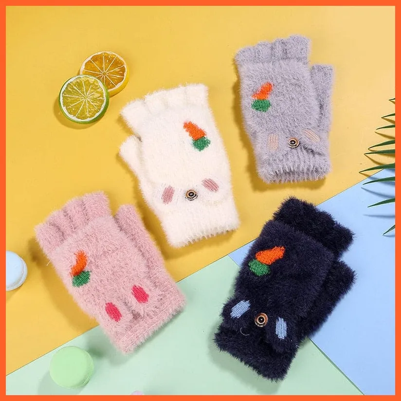Kids Winter Cute Cartoon Baby Flip Gloves | Full Finger Knit Wool Warm Mittens