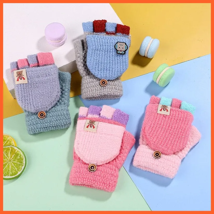 Kids Winter Cute Cartoon Baby Flip Gloves | Full Finger Knit Wool Warm Mittens