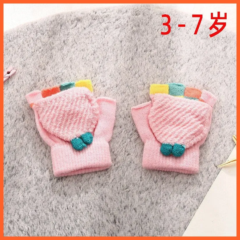 Kids Winter Cute Cartoon Baby Flip Gloves | Full Finger Knit Wool Warm Mittens