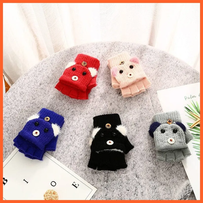 Kids Winter Cute Cartoon Baby Flip Gloves | Full Finger Knit Wool Warm Mittens