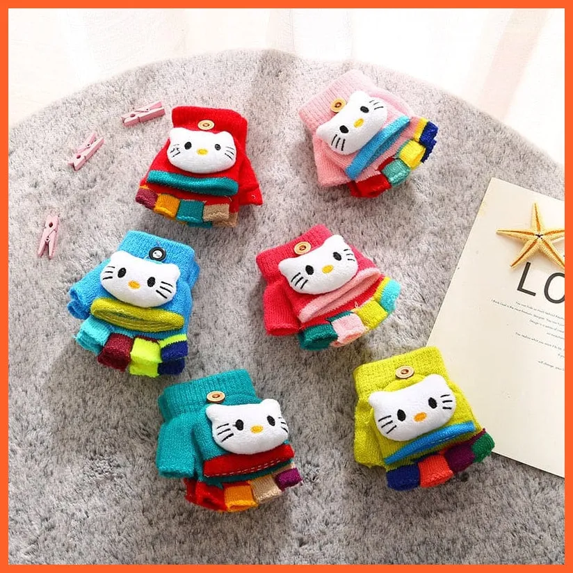 Kids Winter Cute Cartoon Baby Flip Gloves | Full Finger Knit Wool Warm Mittens