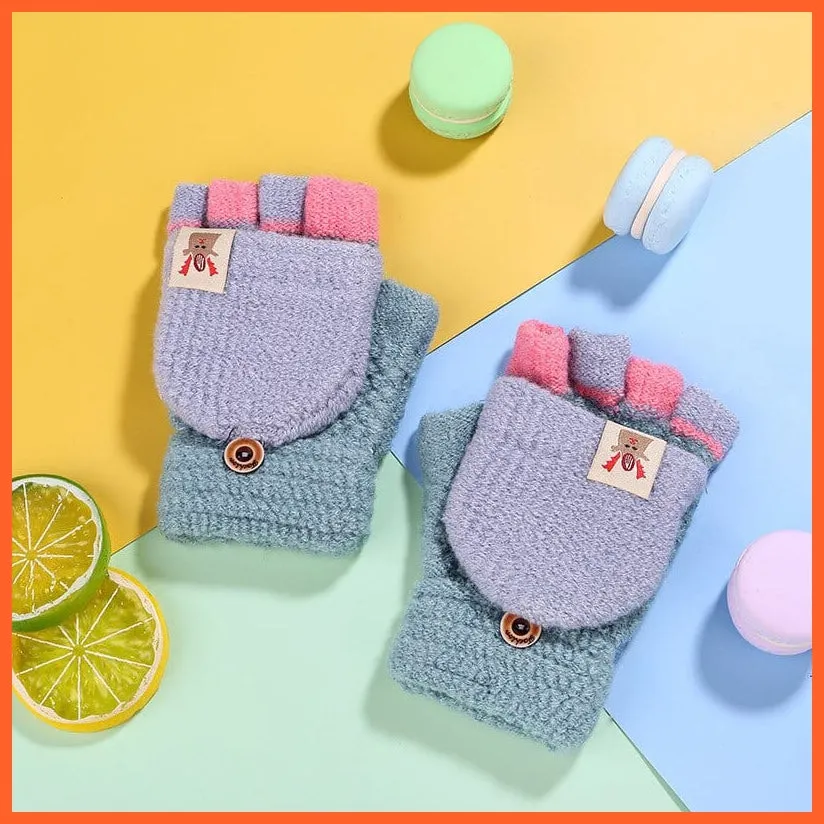 Kids Winter Cute Cartoon Baby Flip Gloves | Full Finger Knit Wool Warm Mittens