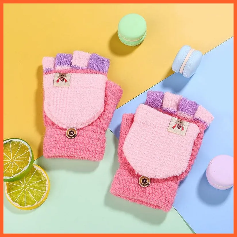 Kids Winter Cute Cartoon Baby Flip Gloves | Full Finger Knit Wool Warm Mittens