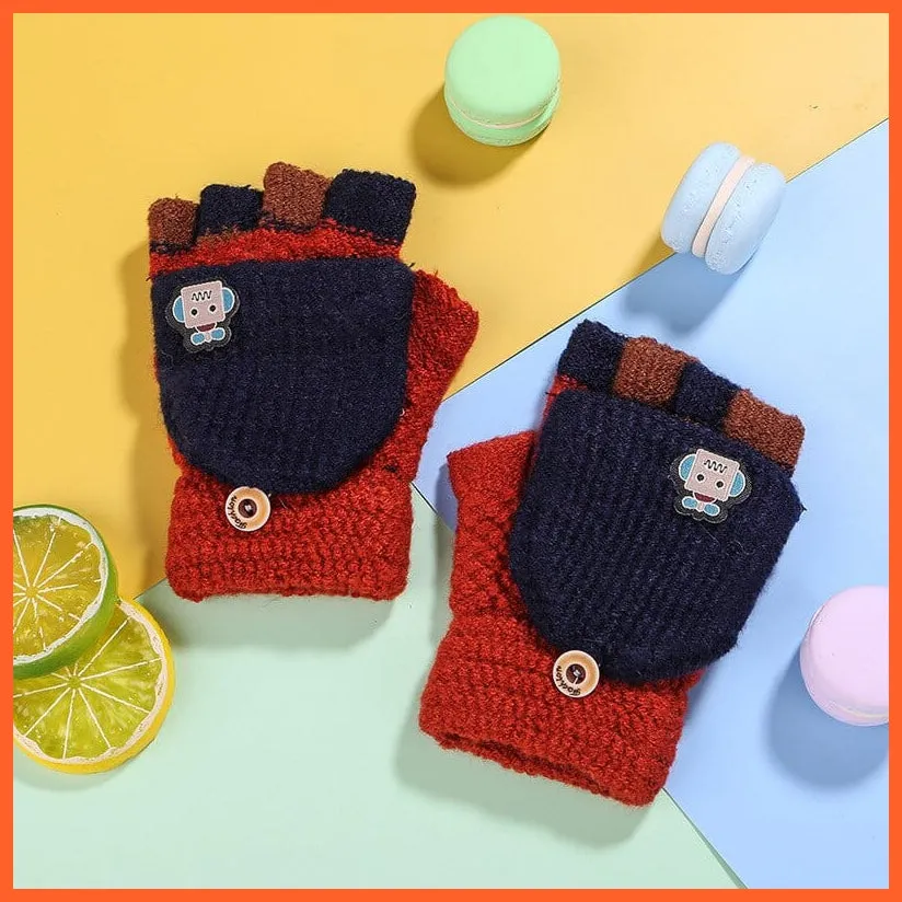Kids Winter Cute Cartoon Baby Flip Gloves | Full Finger Knit Wool Warm Mittens