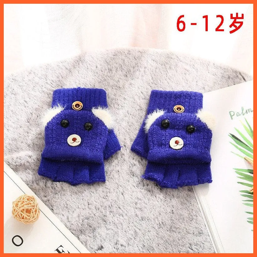 Kids Winter Cute Cartoon Baby Flip Gloves | Full Finger Knit Wool Warm Mittens
