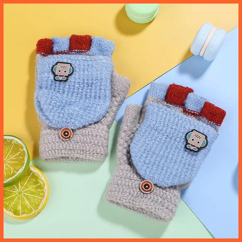 Kids Winter Cute Cartoon Baby Flip Gloves | Full Finger Knit Wool Warm Mittens