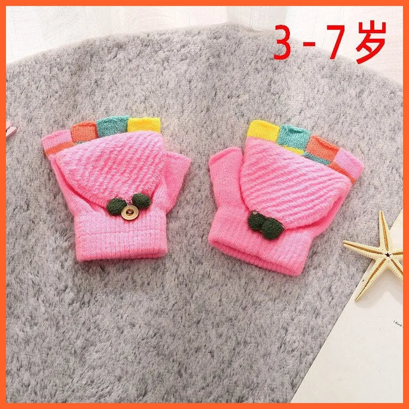 Kids Winter Cute Cartoon Baby Flip Gloves | Full Finger Knit Wool Warm Mittens