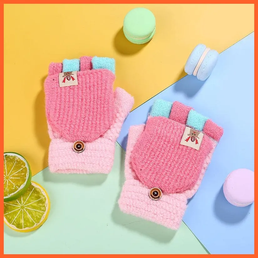 Kids Winter Cute Cartoon Baby Flip Gloves | Full Finger Knit Wool Warm Mittens