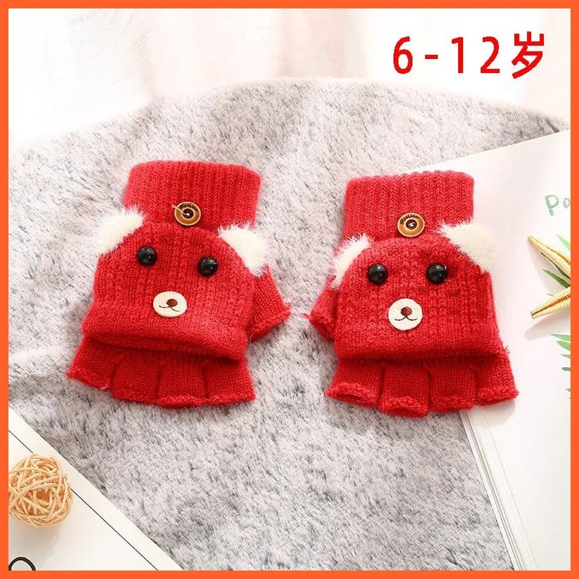Kids Winter Cute Cartoon Baby Flip Gloves | Full Finger Knit Wool Warm Mittens