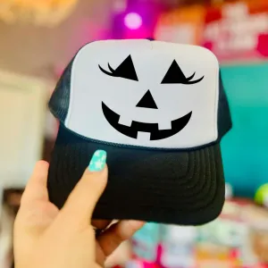 Online Exclusive | Happy Pumpkin Face Trucker Cap in Black and White