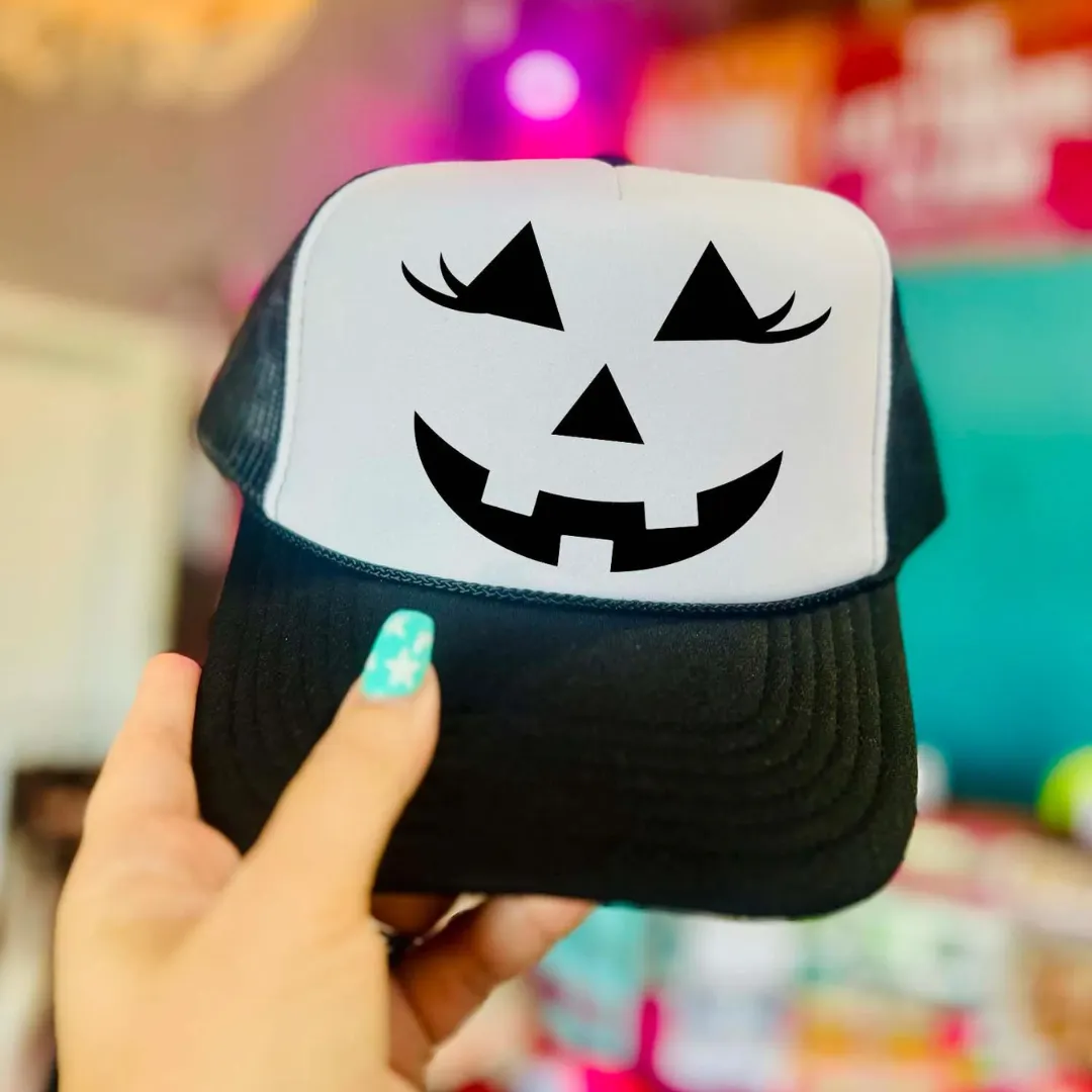 Online Exclusive | Happy Pumpkin Face Trucker Cap in Black and White