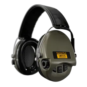 Sordin Supreme Pro-X Electronic Hearing Protection - Black Leather Headband OD Green Cup Colour
