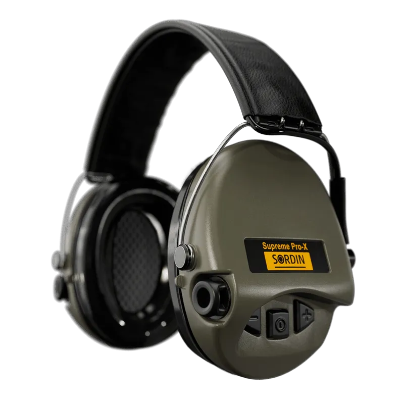 Sordin Supreme Pro-X Electronic Hearing Protection - Black Leather Headband OD Green Cup Colour