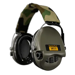 Sordin Supreme Pro-X Electronic Hearing Protection- Camo Textile Headband Green Cup Colour