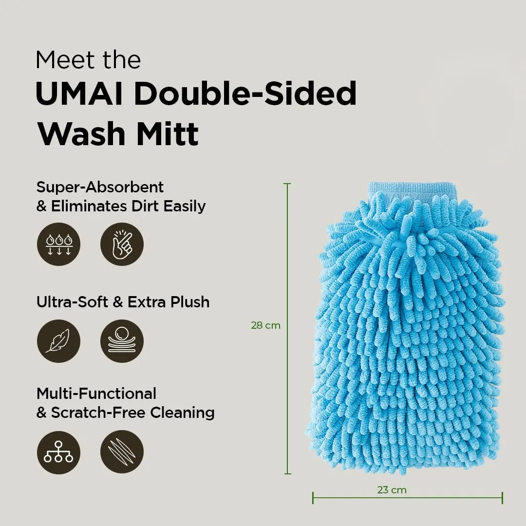 UMAI Microfiber Double-Sided Chenille Wash Mitt 1000 GSM - Super Soft, Ultra-Absorbent, Multipurpose and Double Sided Dusting Gloves for Home Cleaning | Car Cleaning, Windows and Kitchen (Blue, Grey)