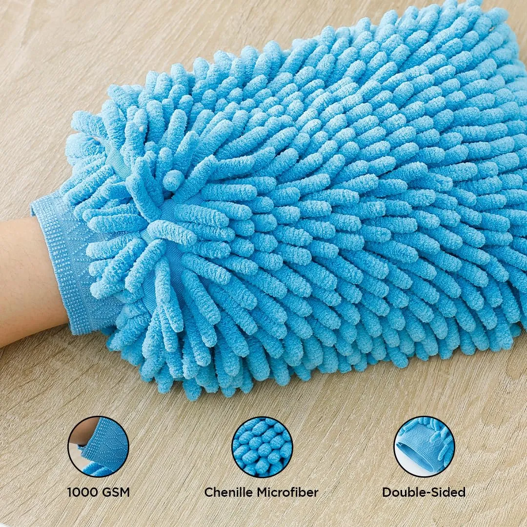UMAI Microfiber Double-Sided Chenille Wash Mitt 1000 GSM - Super Soft, Ultra-Absorbent, Multipurpose and Double Sided Dusting Gloves for Home Cleaning | Car Cleaning, Windows and Kitchen (Blue, Grey)